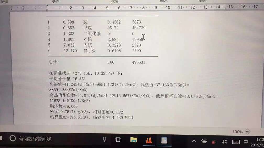 天然氣分析儀結果圖片